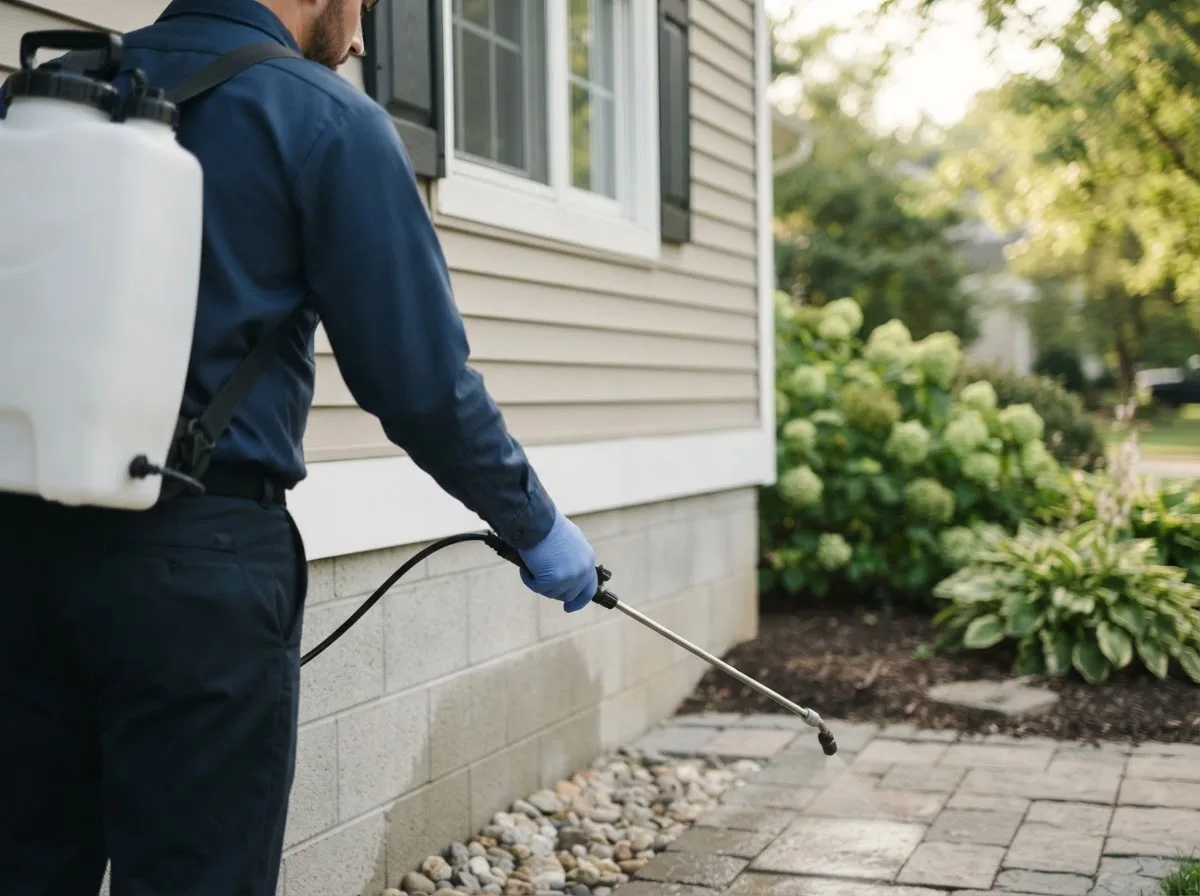 Pest control technician inspecting a home in Agra, OK